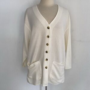 Vintage white Express Tricot v neck 3/4 sleeve 2 front patch pocket sweater sz?
